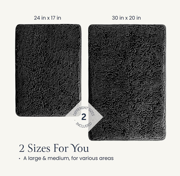 BELADOR Plush Bath Mat Quick-Dry Chenille Bathroom Mats with Rubber Backing 2pc - Black