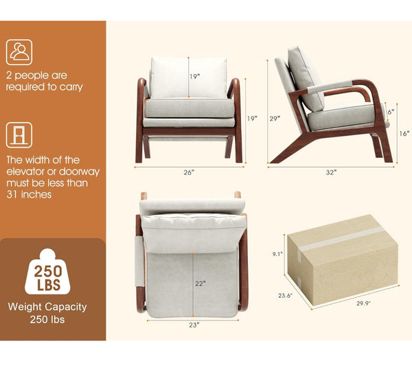 Mid Century Modern Arm Chair Upholstered Lounge with Solid Wood Frame - Beige