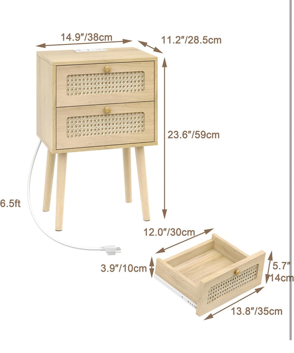 ChooChoo Rattan Boho Nightstand with Charing Station w/ Drawers - Nature