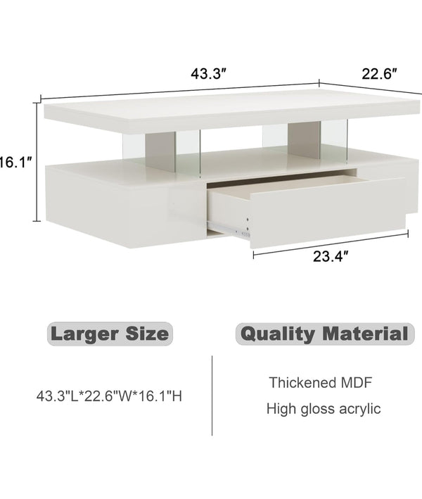ChooChoo Modern LED Coffee Table High Glossy Center Table with Drawer - White