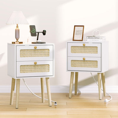 ChooChoo Rattan Boho Nightstand with Charing Station w/ Drawers Set of 2 - White / Oak