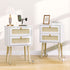 ChooChoo Rattan Boho Nightstand with Charing Station w/ Drawers Set of 2 - White / Oak