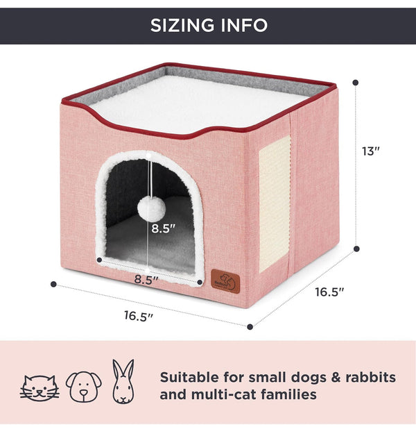 Bedsure Cat Beds Cat House with Fluffy Ball Hanging and Scratch Pad - Pink