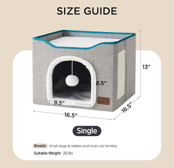 Bedsure Cat Beds Cat House with Fluffy Ball Hanging and Scratch Pad - Gray