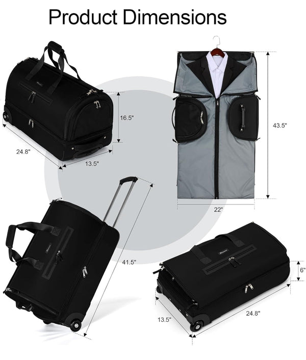 Modoker Convertible Rolling Garment Bag for Travel Suit Bag with Trolley Duffel with Wheels - Black