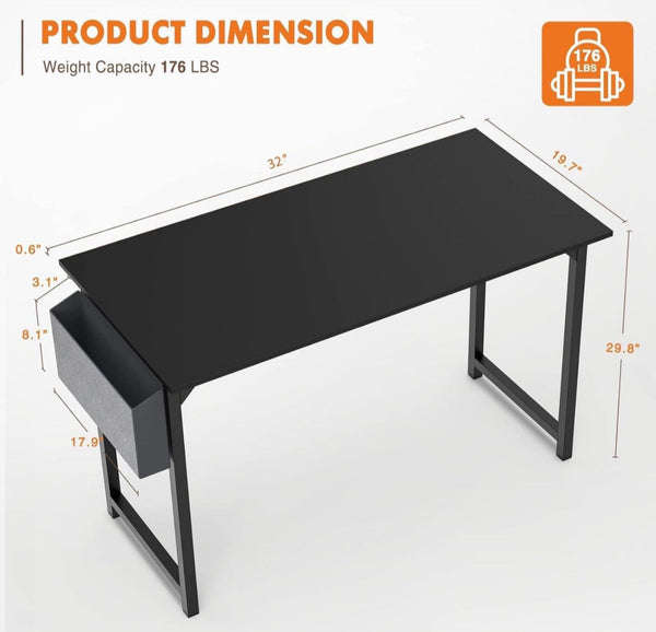 Modern Space Saving Black Metal Frame Desk w/ Storage Pouch - 32" x 19.7" x 29.8"