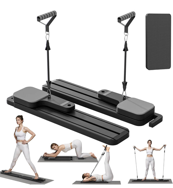 Pilates Board with Resistance Bands 7-in-1 Foldable Pilates Reformer Set - Black