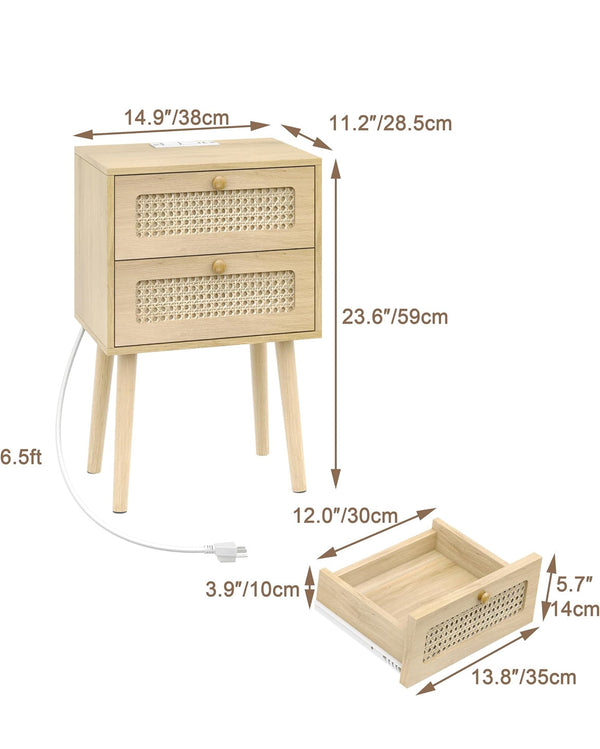 ChooChoo Rattan Boho Nightstand with Charing Station w/ Drawers Set of 2 - Nature
