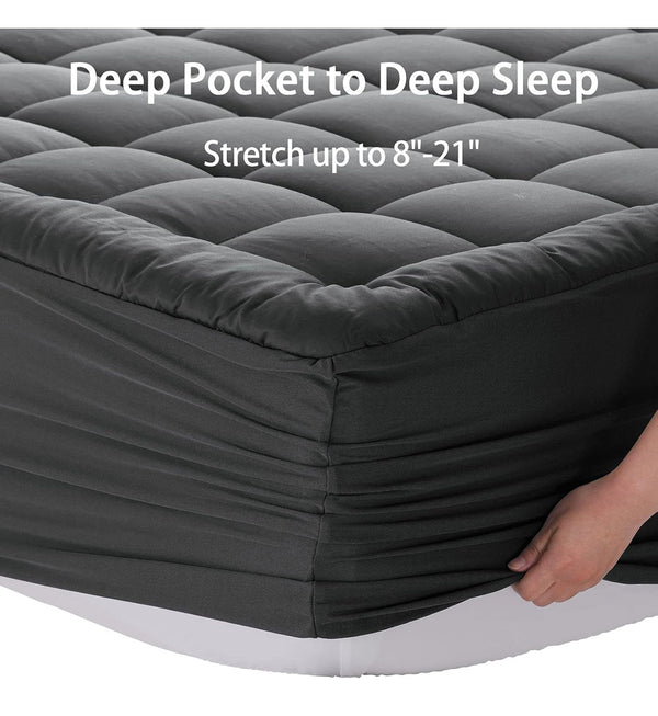 Mattress Pad Pillow Cooling Top Cover Quilted Fitted Protector Cotton Top 8-21" Deep Pocket King Size - Dark Grey