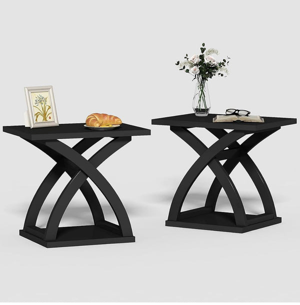 ChooChoo End Side Tabe Modern End Table w/ Storage Shelf X-Design Side 21.5"L x 16"W x 20"H Set of 2 - Black