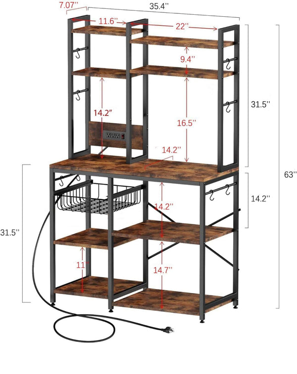 Standing 6 Tier Kitchen Baker’s Rack Bakers Rack with Power Outlet - Brown