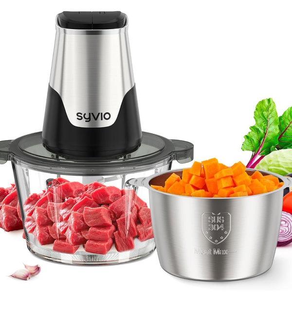 Syvio Food Processors with 2 Bowls Meat Grinder 4 Bi-Level Blades Mini Electric Food Chopper 450W