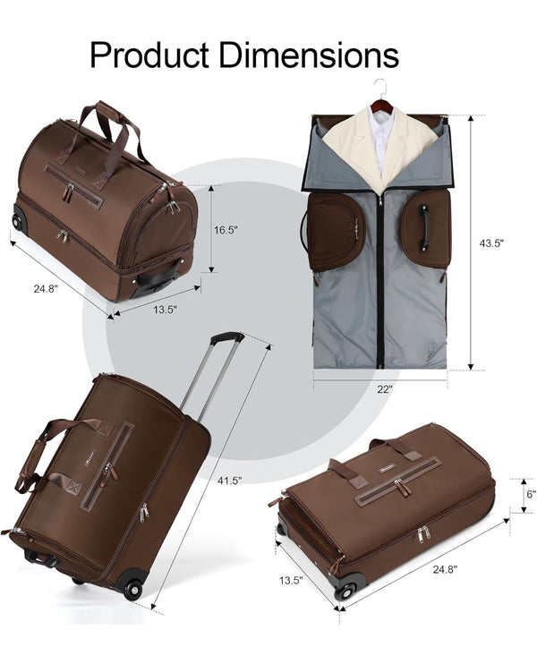 Modoker Convertible Rolling Garment Bag for Travel Suit Bag with Trolley - Brown