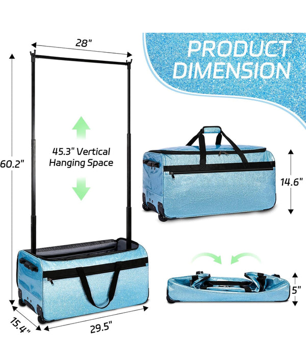 Omidel Dance Bag with Garment Rack 29" Rolling Competition Duffle Silent Wheels - Glitter Blue