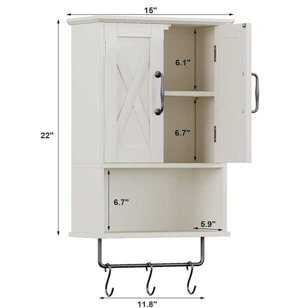 ChooChoo Farmhouse Medicine Wall Cabinet Bathroom with Adjustable Shelf Towel Bar 3 Hooks - White
