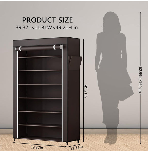Shoe Rack 7 Tier Portable Metal Storage Organizer Dust Cover Non Woven with Side Pocket - Black