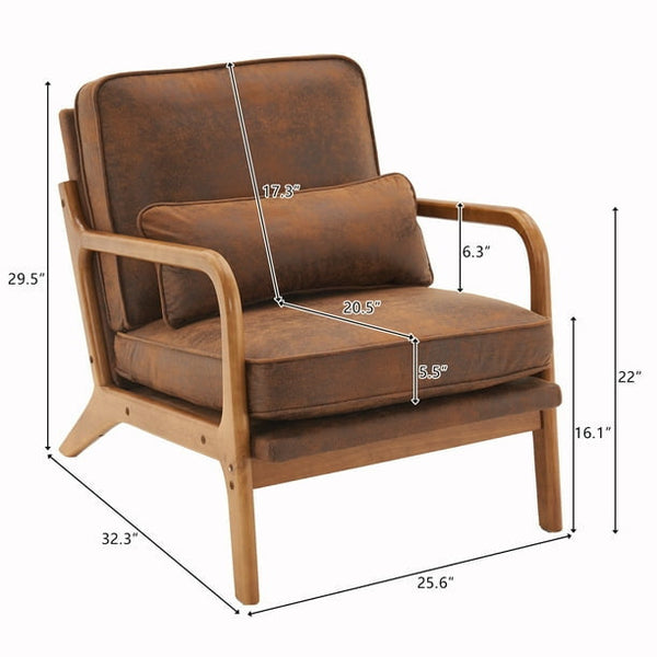 Mid Century Modern Arm Chair Upholstered Lounge with Solid Wood Frame - Brown