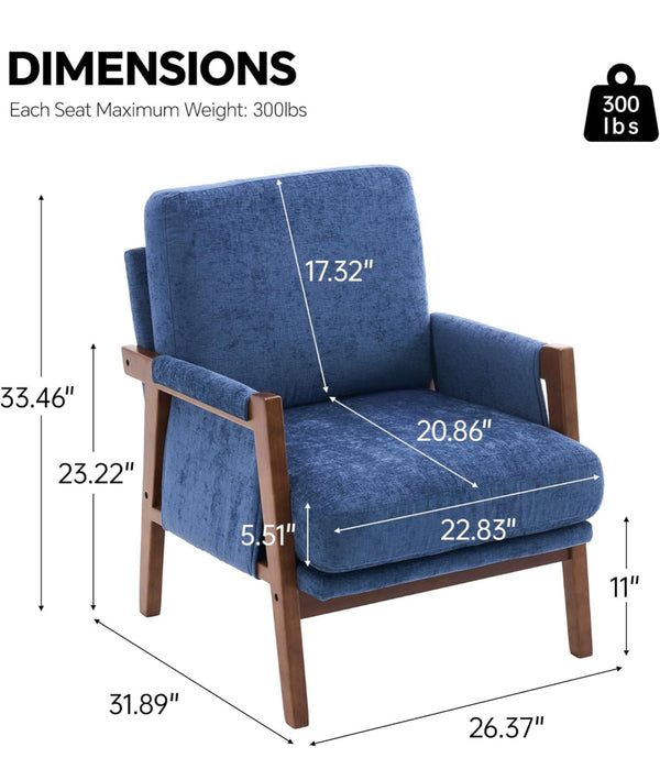Mid Century Modern Arm Chair Upholstered Lounge with Solid Wood Frame - Navy