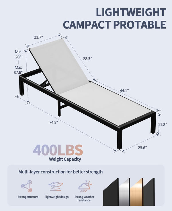Aluminum Outdoor Chaise Lounge Chairs Patio Metal Deck Lounger 5-Position Adjustable Backrest Chase Recliner with Wheels - White