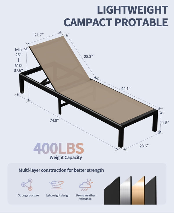 Aluminum Outdoor Chaise Lounge Chairs, Patio Metal Deck Lounger 5-Position Adjustable Backrest Chase Recliner with Wheels - Khaki