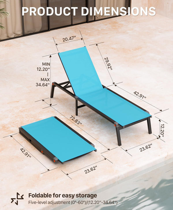 Aluminum Chaise Foldable Patio Lounge Chair Outdoor Metal Deck Lounger Adjustable 5-Position Recliner - Blue