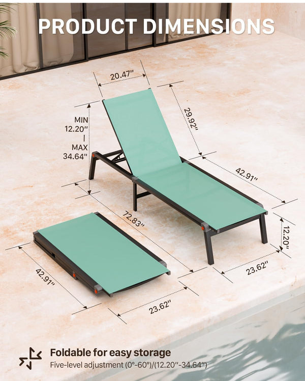 Aluminum Chaise Foldable Patio Lounge Chair Outdoor Metal Deck Lounger Adjustable 5-Position Recliner - Green
