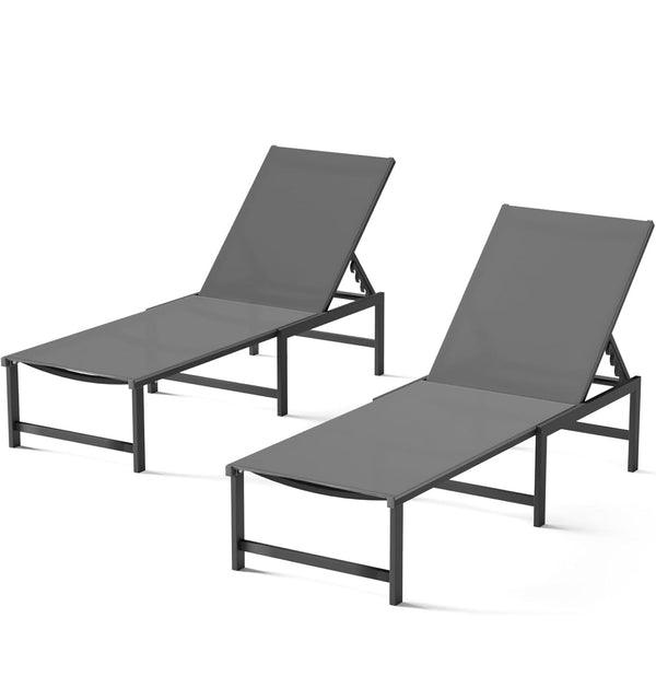 Aluminum Outdoor Chaise Lounge Chairs Patio Metal Deck Lounger 5-Position Adjustable Backrest Chase Recliner Set of 2 - Gray