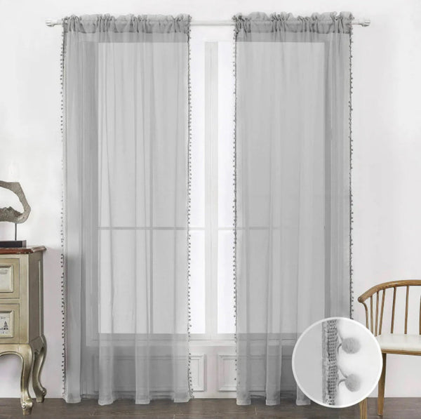 2x Lightweight Curtain Panel w/ Rod Pocket Semi Sheer w/ PomPom Tasseled 52" x 84"