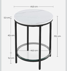 VASAGLE Small Round Side Table w/ Faux Marble Top Glass Shelf Modern Style - Black