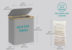 SONGMICS 52.8 Gallon (150L) Large Laundry Hamper w/ 2 Section Basket Removable Mesh Liner - Dove Gray