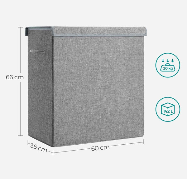 Linen Fabric Laundry Basket 142L w/ divider 2 Compartments Magnetic Lid Removable Inner Bag Foldable - Grey