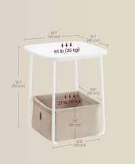 VASAGLE Side End Table with Fabric Basket Modern Nightstand - White