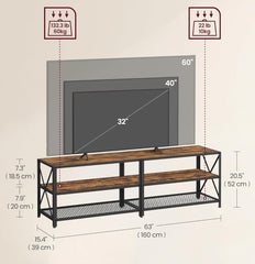 VASAGLE TV Stand Entertainment Center 3-Tier TV Console Steel Frame Industrial Style - Brown