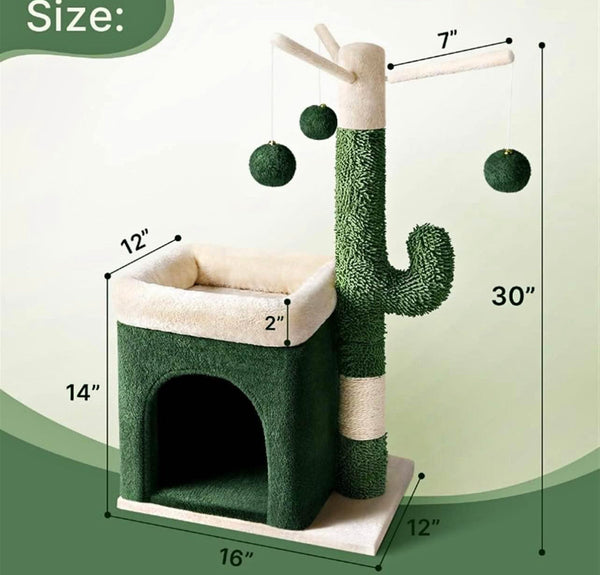 Modern Cat Tree Tower Play w/ Cactus Design - Green / Beige