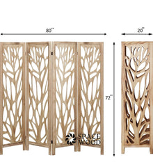 4 Panel Room Divider Wood Carved Partition ( 15.7"L x 1"W x 67"H)