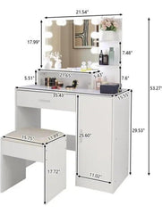 Deluxe Vanity Table and Stool Set Makeup Table Mirror w/ LED Light Bulb - White