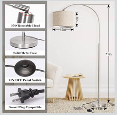 Arc Floor Lamp Modern Floor Lamp with Adjustable Head w/ On/Off Pedal Switch - Silver / Gray