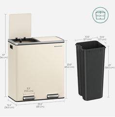 SONGMICS 2 x 8 Gallon Garbage Trash Can 2 Compartments Foot Pedal Soft Close Lid - Almond