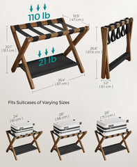 SONGMICS Bamboo Luggage Rack Folding Suitcase Stand w/ Fabric Storage Shelf Set of 2 - Walnut