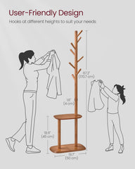VASAGLE Coat Rack Free Standing Stand Hall Tree w/ 8 Hooks & Storage Shelf - Caramel Brown