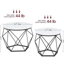 VASAGLE Small Coffee Table Round w/ Steel Frame Set of 2 - Marble White / Ink Black