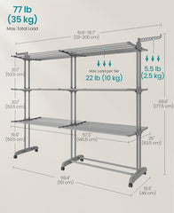 SONGMICS Clothes Drying Rack 4-Tier Foldable Laundry Drying Rack w/ Extendable Rods Stainless Steel - Gray