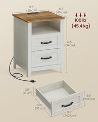 VASAGLE Farmhouse Nightstand w/ Charging Station w/ 2 Drawers Open Compartment - Rustic White / Honey Brown