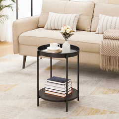 VASAGLE 2 Tier Side Table End Table w/ Removable Top Bedside Round Steel Frame - Black