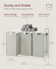 VASAGLE Laundry Hamper Basket Sorter w/ 3 Pull-Out Metal Frame - White