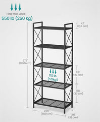 SONGMICS 5-Tier Metal Storage Rack Shelving Unit w/ X Side Frames Dense Mesh - Black