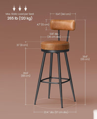 VASAGLE 30" Swivel Bar Height Stools w/ Back Leather Stitching Mid-Century Modern - Brown