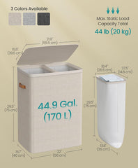SONGMICS 44.9 Gal Laundry Hamper 2 Compartments w/ Lid and Handles Removable Liners - Beige