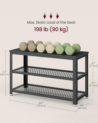 VASAGLE 3-Tier Shoe Rack Shelf Storage Bench w/ Metal Mesh Shelves - Ebony Black
