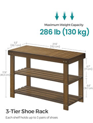 SONGMICS 3-Tier Bamboo Shoe Storage Organizer Entryway Bench - Brown